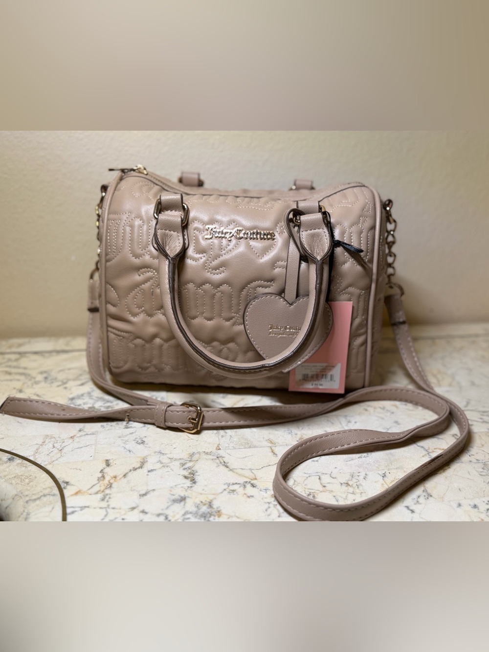 Juicy Couture Taupe Quilted Logo Satchel with Heart Charm